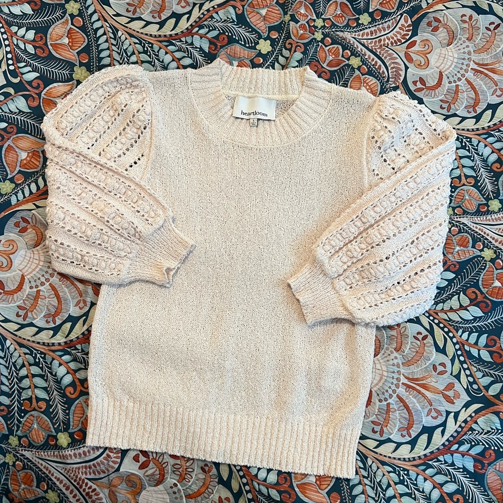 Heartloom cream woven puff sleeve sweater anthropology bohemian open weave Small